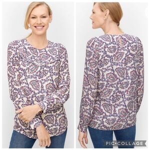 Talbots Top Pintuck Yoke Paisley Ruffle Long Sleeve White SP Party Cottagecore